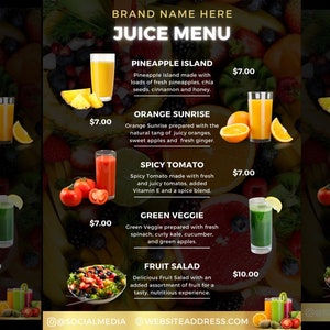 Carte de jus de fruits, Modèle de carte de boissons, Carte de bar, Modèle canevas, Flyer barman, Carte de smoothies, Carte de cocktails, Flyer prédéfini, Bar à jus de fruits