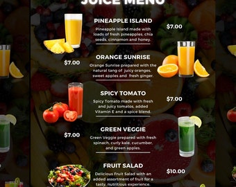 Juice Menu, Drinks Menu Template, Bar Menu, Canva Template, Bartender Flyer, Smoothie Menu, Cocktail Menu, Premade Flyer, Juice Bar