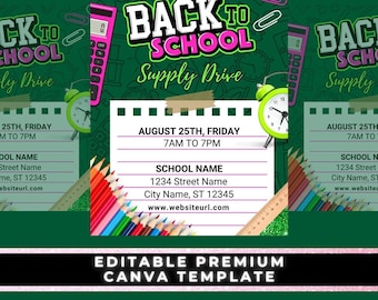 Back to School Flyer, Supply Drive Flyer, School Supplies, Back 2 School, Premade Flyers, Canva Template, School Flyer Template, DIY Flyer