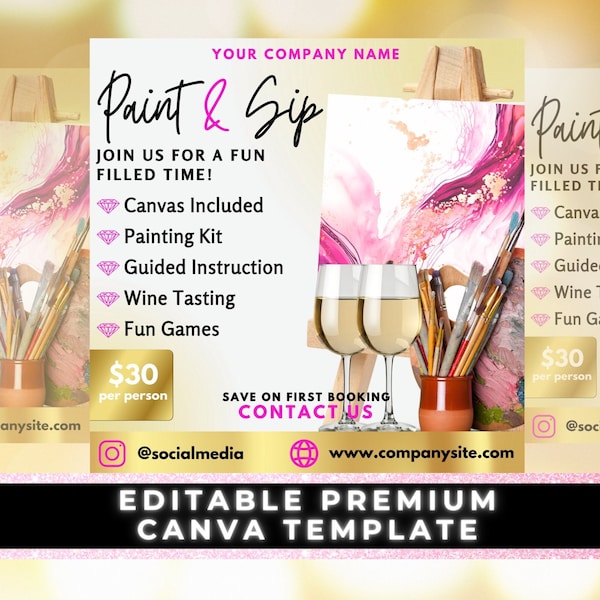 Sip and Paint Flyer, Sip and Paint Invite, Canva Template, Sip and Shop, DIY Flyer, Business Flyer Design, Paint and Sip, Paint and Party