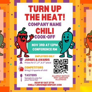 May include: Three flyers advertising a chili cook-off event. Each features a cartoon chili pepper character. The text includes event details, a company name, and the phrase "Turn Up The Heat!" with QR codes.
