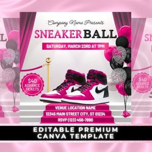 Könnte beinhalten: Ein pinkfarbener und schwarzer Flyer mit dem Text "Company Name Presents Sneaker Ball" und "Samstag, 23. März um 19 Uhr". Der Flyer enthält auch ein Paar pinkfarbene und schwarze Sneaker, ein rotes Samtband und ein Schild mit der Aufschrift "40 € Vorverkaufskarten".