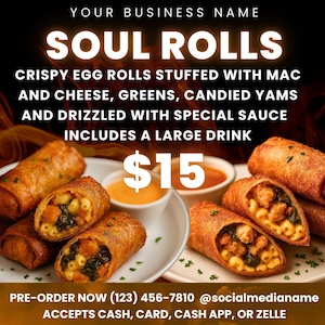 Rollos Soul, Rollos de huevo Soul Food, Folleto de ofertas para cenas, Soul Food, Especial de cena, Menú de cena, Folleto para restaurante, Folleto de comida, Folleto de restaurante