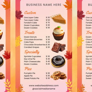Price List for Treats, Treats Menu, Bakery Business, Bakery Menu, Bake Sale Flyer, Dessert Flyer, Cake Business, Sweet Treats, Fall Theme