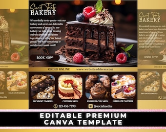 May include: A bakery advertisement with a chocolate cake topped with raspberries and chocolate ganache. The ad features the text "Sweet Treats Bakery" and includes a call to action to "Book Now".