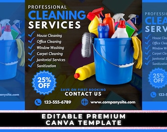 May include: A blue and white flyer advertising professional cleaning services. The flyer features a bucket of cleaning supplies, including spray bottles, sponges, and gloves. The text on the flyer reads "Professional Cleaning Services", "House Cleaning", "Office Cleaning", "Window Washing", "Carpet Cleaning", "Janitorial Services", "Sanitization", "25% Off", "Save on First Booking", "Contact Us", "123-555-6789", "www.companysite.com", and "Editable Premium Canva Template".