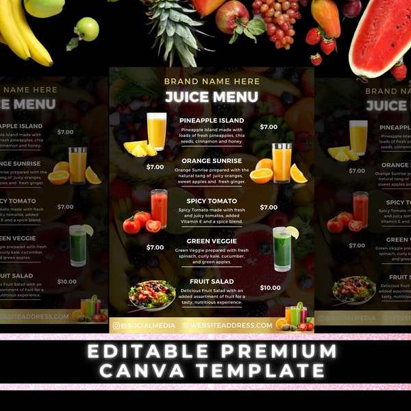 Juice Menu, Drinks Menu Template, Bar Menu, Canva Template, Bartender Flyer, Smoothie Menu, Cocktail Menu, Premade Flyer, Juice Bar