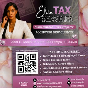 Può includere: Un design di biglietto da visita per "Elite Tax Services" presenta una donna in un blazer bianco. La carta include il testo "Nikki Johnson - Tax Preparer" e "Accepting New Clients!" con informazioni di contatto e un codice QR. Lo sfondo ha un tema rosa e di denaro.