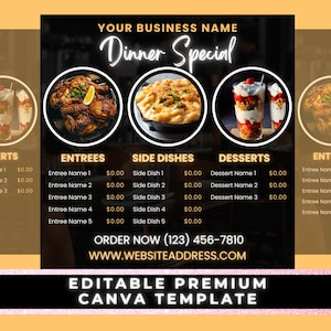 Folleto de venta de cena, Cena especial, Menú de cena, Folleto para restaurante, Folleto de comida, Plantilla Canva, Folleto de restaurante, Folleto para camión de comida