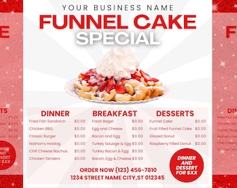 May include: A digital menu template featuring a red glitter background with white text. The center displays a funnel cake topped with strawberries and whipped cream, surrounded by lists for dinner, breakfast, and dessert items.