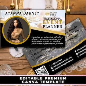 以下が含まれることがあります： プロのイベントプランナーの名刺デザイン。金色のドレスを着た女性の写真、名前「Ayanna Dabney」、テキスト「Professional Event Planner」が特徴です。連絡先とソーシャルメディアハンドルも含まれています。