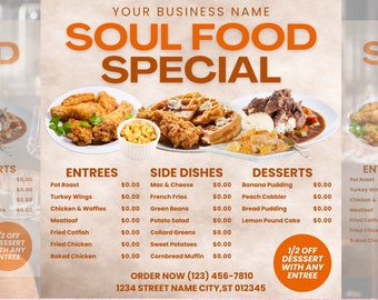 Soul Food Flyer, Soul Food Menu, Dinner Menu, Dinner Special Flyer, Food Flyer, Sunday Dinner Flyer, Restaurant Menu, Dinner Sale Flyer