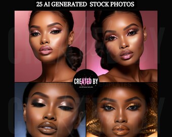 May include: A digital collection of 25 AI generated stock photos featuring portraits of individuals with diverse makeup styles, including pink, gold, and neutral tones. The text 25 AI GENERATED STOCK PHOTOS, CREATED BY, and DOWNLOAD WITH CANVA LINK is visible.