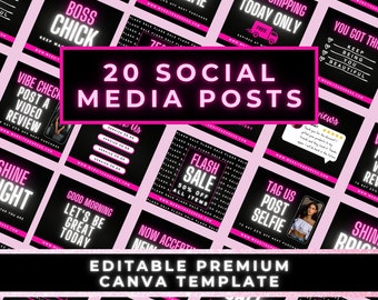 May include: A collection of twenty square social media post templates featuring a black background with neon pink text and glowing white accents. The designs include promotional phrases like Flash Sale, Boss Chick, and Selfie Love.