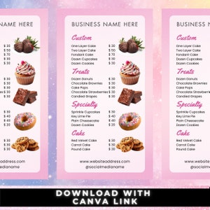 Liste de prix des friandises, Menu de friandises, Entreprise de boulangerie, Menu de boulangerie, Dépliant de vente de pâtisseries, Dépliant de desserts, Entreprise de gâteaux, Liste de prix de friandises sucrées