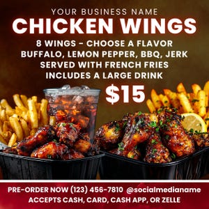 Menú de alitas de pollo, folleto de oferta de cena, especial de cena, menú de cena, folleto para restaurante, folleto de comida, plantilla de Canva, folleto de restaurante