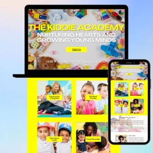 May include: A laptop and smartphone displaying a website for The Kiddie Academy. The website features the text "Nurturing Hearts and Growing Young Minds" and images of children and staff. The address 1100 W Peachtree St NW Atlanta, GA 30309 is also visible.