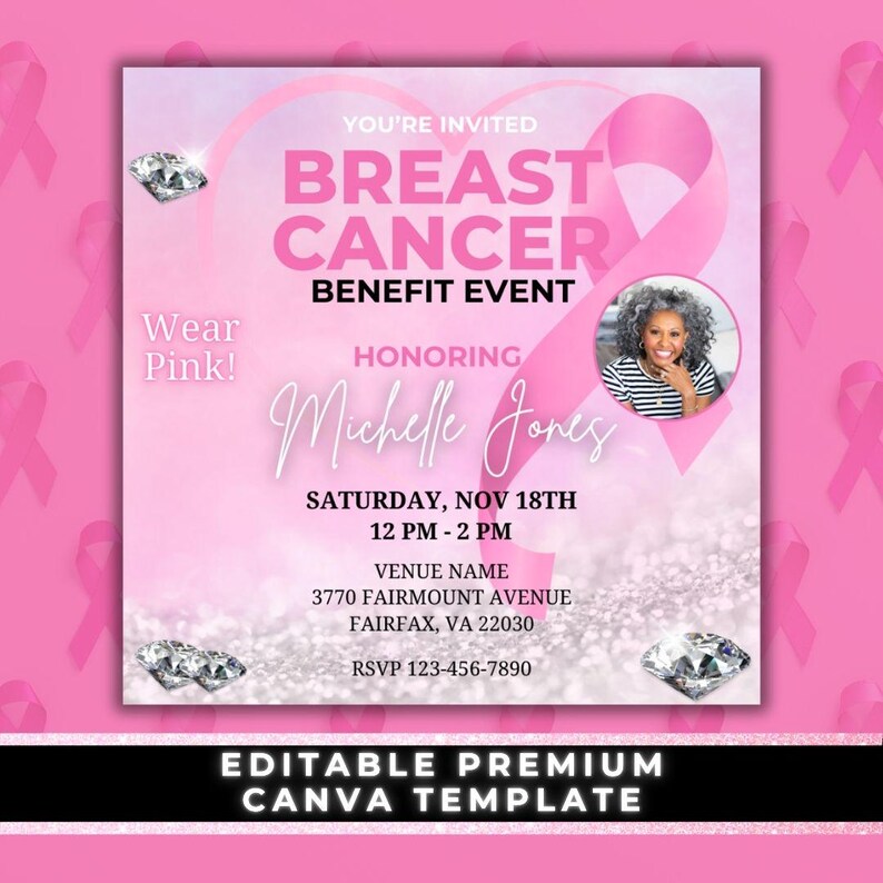 Evento di beneficenza per la lotta contro il cancro al seno, Invito alla raccolta fondi per la lotta contro il cancro al seno, Evento sul cancro al seno, Volantino per la lotta contro il cancro al seno, Modello Canva, Più forti del cancro immagine 2