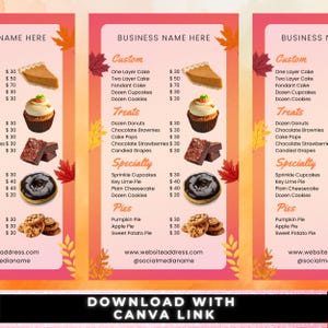Herbstpreisliste für Leckereien, Leckereien-Menü, Bäckerei-Business, Bäckerei-Menü, Backverkauf-Flyer, Dessert-Flyer, Kuchengeschäft, süße Leckereien