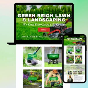 Könnte beinhalten: Ein Laptop und ein Smartphone zeigen eine Website für Green Reign Lawn & Landscaping. Die Website zeigt einen Rasenmäher auf grünem Gras mit dem Text "Green Reign Lawn & Landscaping" und "We Treat Every Lawn Like Royalty". Weitere Bilder zeigen Rasenpflegedienste.