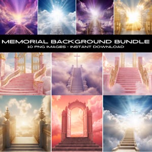 May include: A digital download bundle of 10 images featuring a stairway to heaven with clouds and a bright light. The images are ideal for memorial or funeral projects.