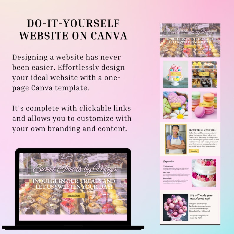 May include: A laptop screen displaying a website template for a bakery called "Sweet Treats by Maya". The website features images of various baked goods, including cakes, cookies, and macarons. The text on the website reads "Indulge in our treats and let us sweeten your day!" and "Inquire Now".