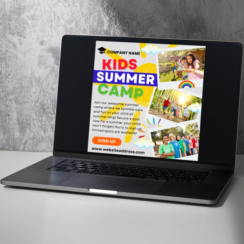 K&ouml;nnte beinhalten: Ein Laptop-Bildschirm zeigt eine farbenfrohe Werbung f&uuml;r ein Sommercamp f&uuml;r Kinder. Die Anzeige zeigt Fotos von Kindern, die im Freien spielen, und den Text "KIDS SUMMER CAMP" in gro&szlig;en, fetten Buchstaben. Die Anzeige enth&auml;lt auch den Text "Nehmen Sie an unserem fantastischen Sommercamp teil, wo wir Ihrem Kind die ganze Zeit &uuml;ber F&uuml;rsorge und Spa&szlig; bieten! Sichern Sie sich jetzt einen Platz f&uuml;r einen Sommer, den Ihr Kind nie vergessen wird! Melden Sie sich schnell an. Die Pl&auml;tze sind begrenzt!" und eine Website-Adresse.