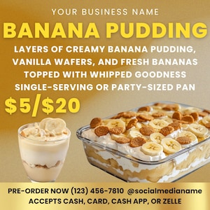 Ulotka Banana Pudding, Banana Pudding Special, Ulotka Deserowa, Menu Deserowe, Ulotka Wiosenna Wyprzedaż Pieczenia, Menu Piekarni, Sklep Deserowy, Ulotka Treats