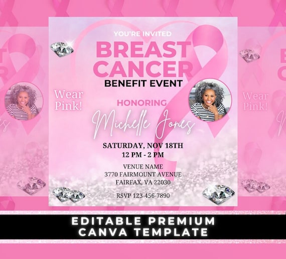 Breast Cancer Benefit, Breast Cancer Fundraiser Invitation, Breast Cancer Event, Breast Cancer Flyer, Canva Template, Stronger Than Cancer