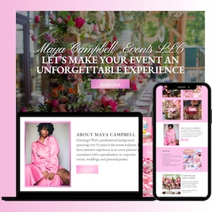 Op de afbeelding: Een website-ontwerp voor Maya Campbell Events LLC, met evenementenplanningsdiensten. Het ontwerp toont een laptop en smartphone met de website, met een roze en wit kleurenschema, bloemstukken en de tekst "LET'S MAKE YOUR EVENT AN UNFORGETTABLE EXPERIENCE."