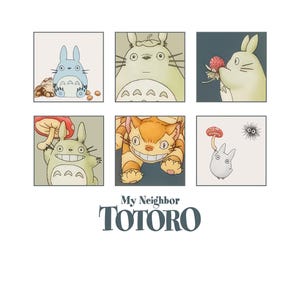 May include: A graphic print featuring six square panels with illustrations of characters from My Neighbor Totoro, including a blue Totoro, a large grey Totoro, a cat bus, and a small white creature holding a mushroom, with the text My Neighbor TOTORO.