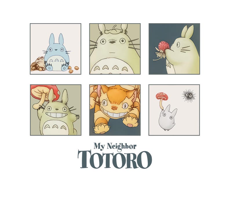 May include: A graphic print featuring six square panels with illustrations of characters from My Neighbor Totoro, including a blue Totoro, a large grey Totoro, a cat bus, and a small white creature holding a mushroom, with the text My Neighbor TOTORO.