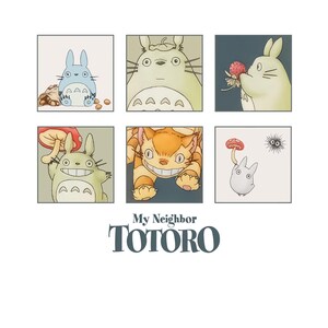 May include: A graphic print featuring six square panels with illustrations of characters from My Neighbor Totoro, including a blue Totoro, a large grey Totoro, a cat bus, and a small white creature holding a mushroom, with the text My Neighbor TOTORO.