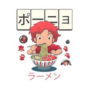 以下が含まれることがあります： 箸でボウルから麺を食べている赤髪のキャラクターを描いたグラフィックイラスト。上部には日本語の「ポーニョ」と書かれた4枚の白いタイルがあり、下部には「ラーメン」という文字があります。キャラクターの周りには小さな赤いフィギュアが配置されています。