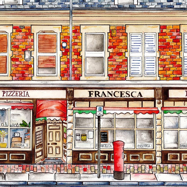 Pizzeria Francesca Art print Manor House Rd, Jesmond, Newcastle upon Tyne from water colour original, Newcastle UK Art Print