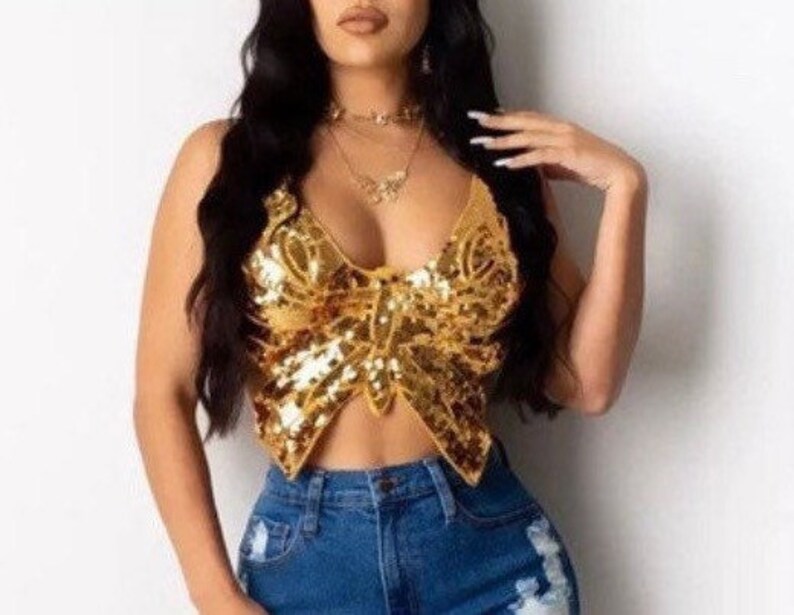 Y2K Sequin Butterfly Top | Lace up Crop Top 