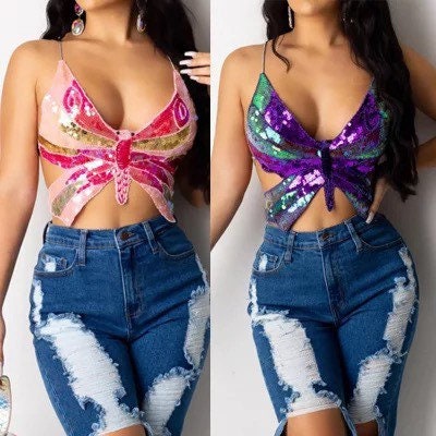 Y2K Sequined Butterfly  Top | Lace up Crop Top