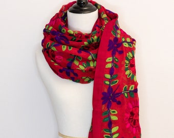 Handcrafted Chiffon Floral Pattern Scarf - Red