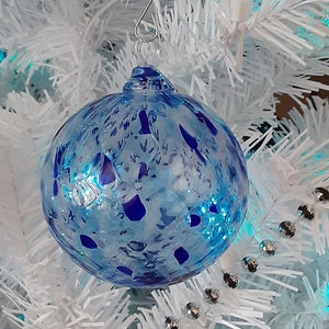 Hand Blown Christmas Ornament. Blue and frosted white. 3  inche. Suncatcher. Wish ball. BlueBirdGlassblowing
