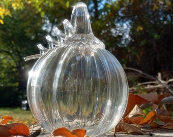 Clear 4.5 inch Hand Blown pumpkin. Made in a small studio in Denver, by me, Sheryle. A crystal clear pumpkin to your collection.