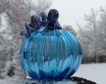 5.5-inch Medium Hand Blown Glass Pumpkin Beautiful Aquamarine blue with gorgeous silver blue metallic coil stem.  BlueBird Glassblowing