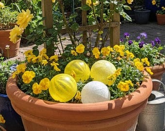 Set of 5 yellow hand blown Glass Floats  Handcrafted Garden Orbs,bUnique Texture | pond floats | ready to ship | 3.5 inches med size |