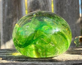 Hand blown glass paperweight. Clear 3inch paperweight with bubble pattern. BlueBirdGlassblowing.