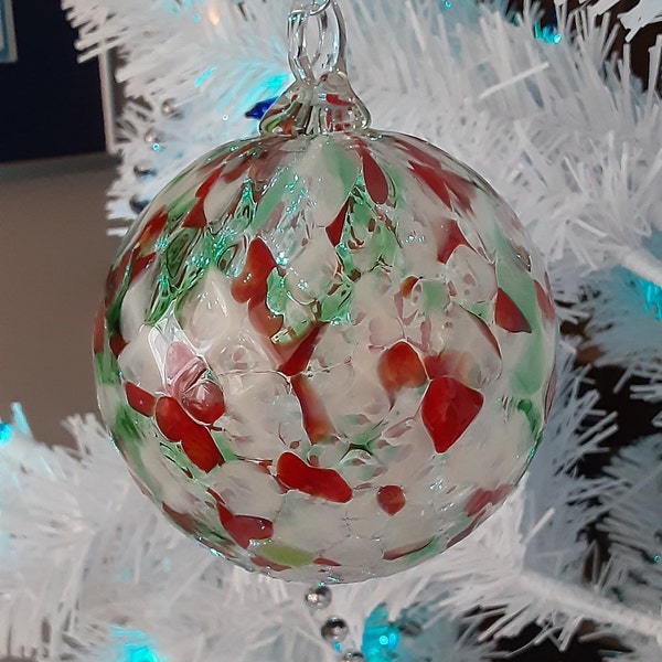 Christmas ornament. Hand blown glass. Holiday gift. Keepsake. Suncatcher 3.25 window Orb. BlueBirdGlassblowing