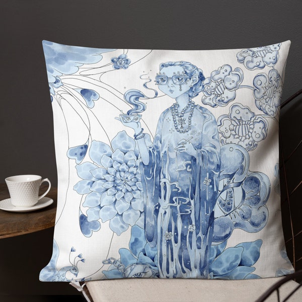 Moderne Chinoiserie Outdoor Throw Pillow, Anime Grandma, Asia Style Art, Original Artwork, Oriental Decor, Throw Cushion 18"x18 », 22"x22 »