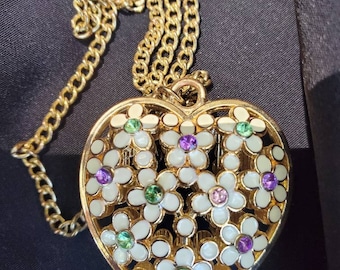 Vintage double-sided silver Chinese enamel puffy heart pendant, flowers, white, green, purple  rhinestones