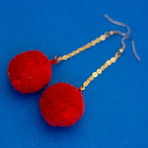 Vintage Dangle Earrings, Red Pompom Earrings, Long Drop Earrings, Costume Earrings - D17