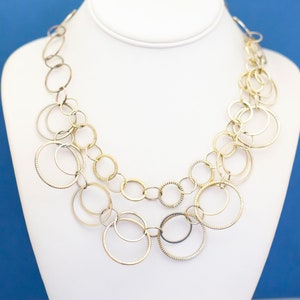 18 inch, Vintage Bib Necklace, Ring Circles Necklace, Chain Link Necklace, Statement Necklace - D11