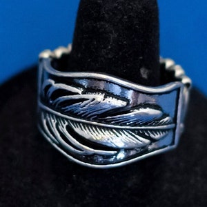Size 10, Vintage Adjustable Ring, Silver Tone Ring, Art Nouveau Ring, Elven Leaf Ring, Feather Ring - D15