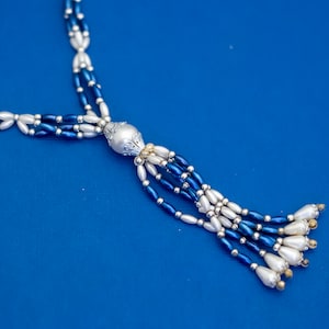 30 inch, Vintage Tassel Necklace, White Blue Beads Necklace, Faux Pearls Necklace - D16